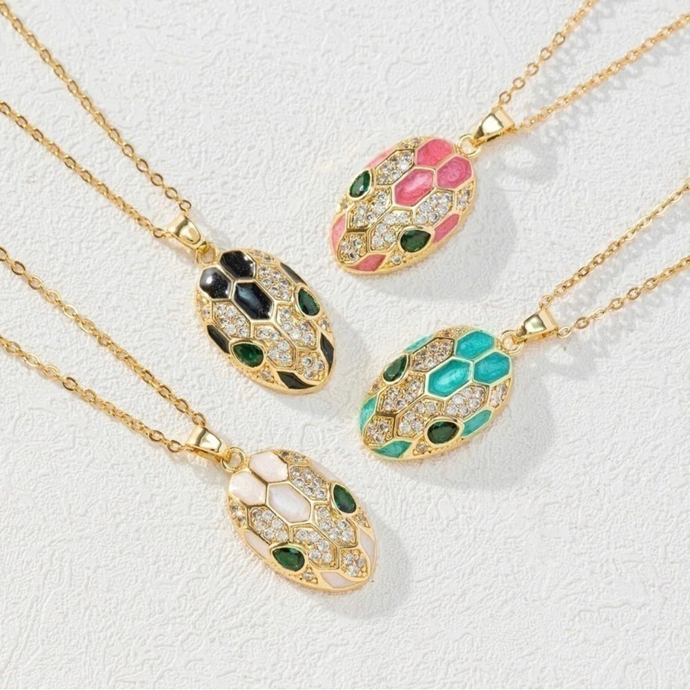 Pink Enamel 14K Gold Plated And Diamond Inlaid Snakehead Pendant Necklace - Picture 2 of 5